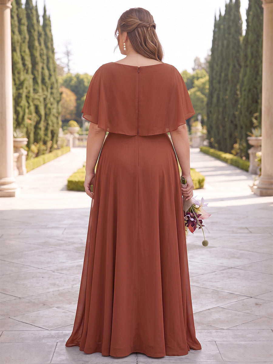 A-Line/Princess V-Neck Half Sleeves Chiffon Floor-Length Plus Size Bridesmaid Dresses with Pleats &amp; Ruffles