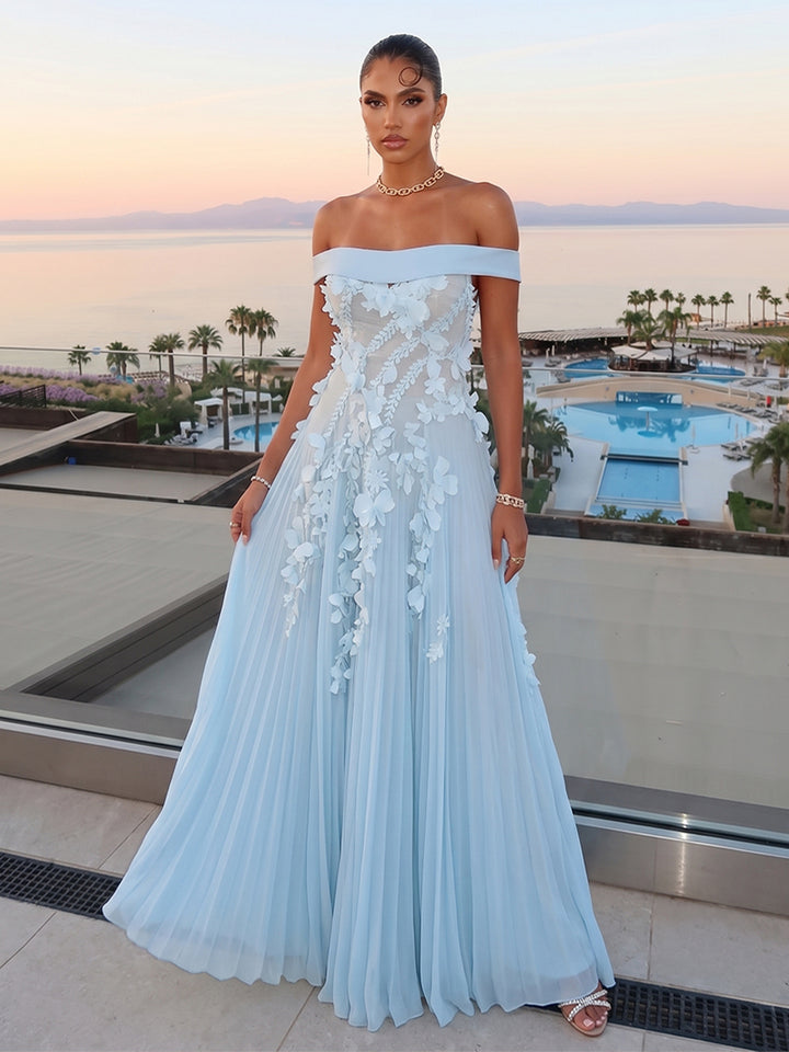 A-Line/Princess Off-The-Shoulder Sleeveless Floor-Length Evening Dresses with 3D Floral &amp; Pleated