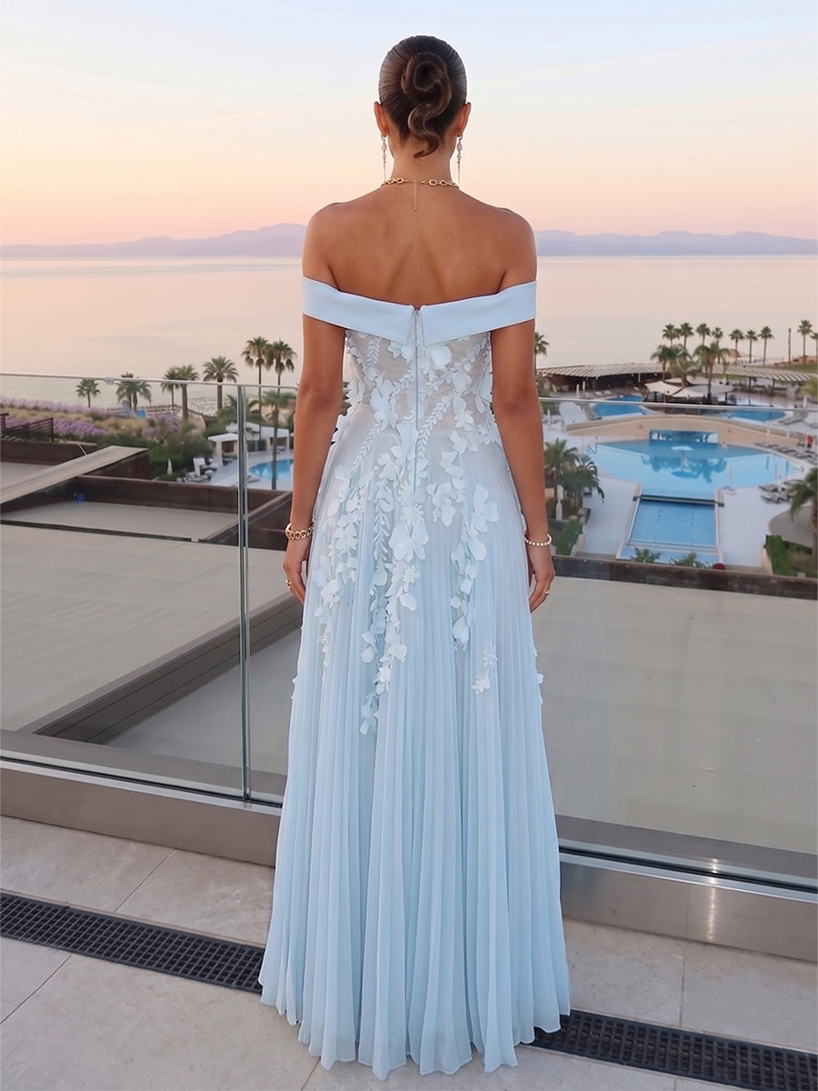 A-Line/Princess Off-The-Shoulder Sleeveless Floor-Length Evening Dresses with 3D Floral &amp; Pleated
