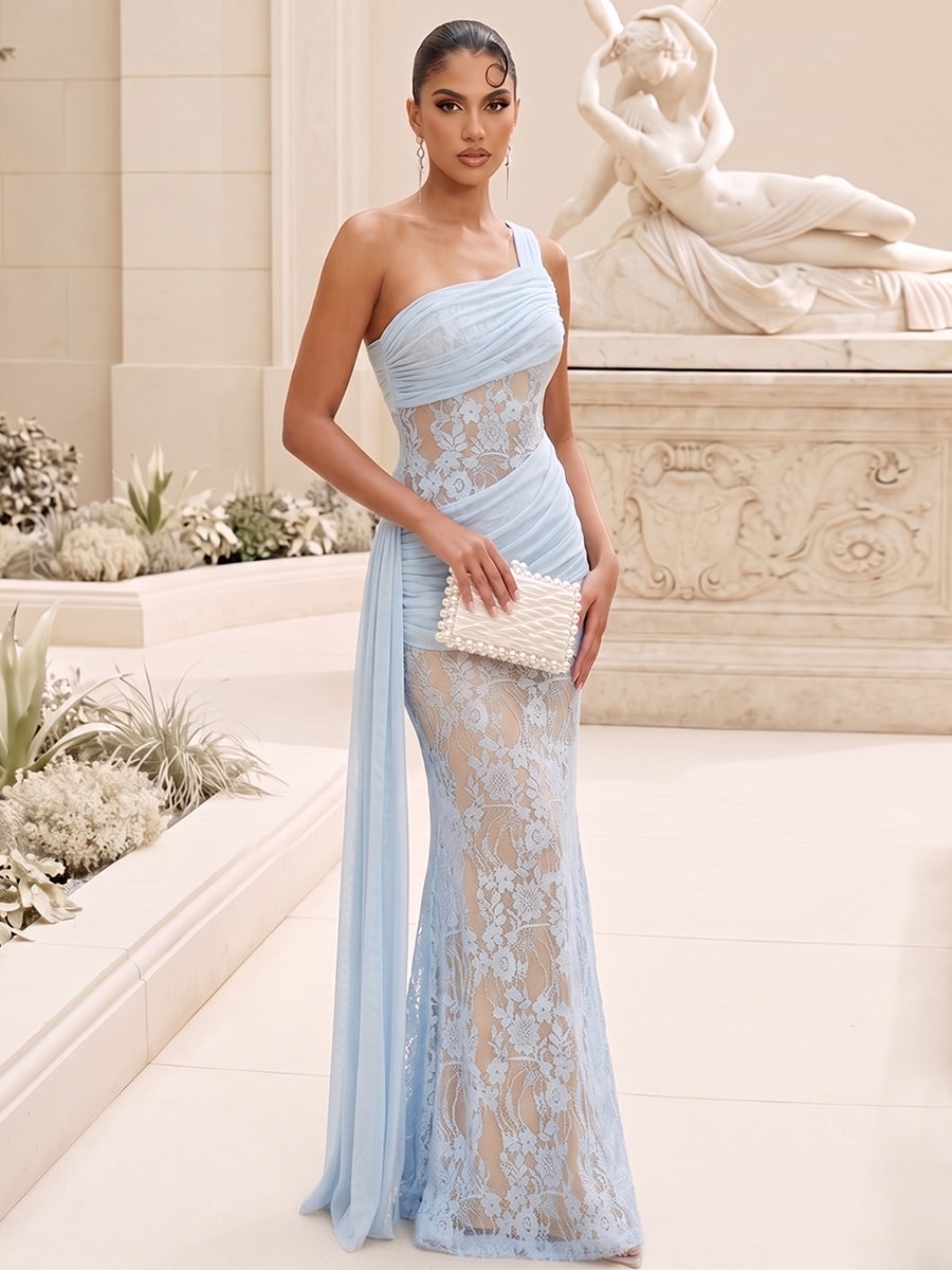 Trumpet/Mermaid One-Shoulder Sleeveless Long Evening Dresses with Ruched &amp; Lace