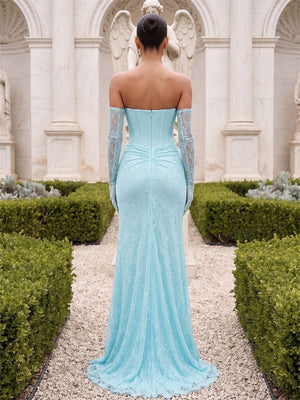 Trumpet/Mermaid Strapless Sleeveless Floor-Length Evening Dresses with Lace & Split Side