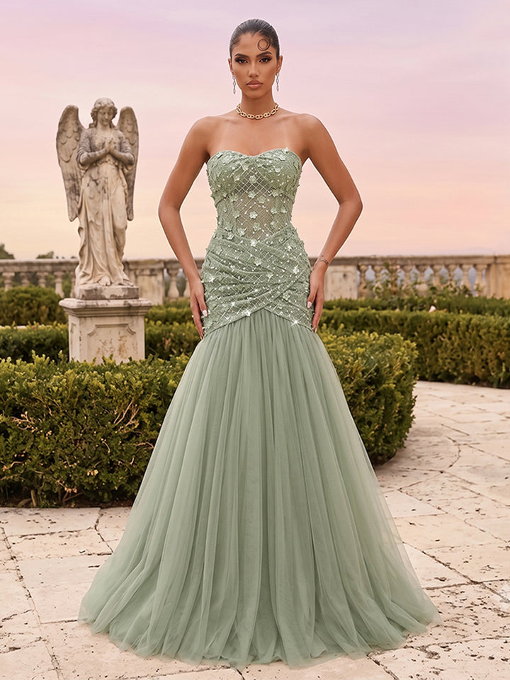 Trumpet/Mermaid Strapless Sleeveless Floor-Length Evening Dresses with Applique &amp; Lace