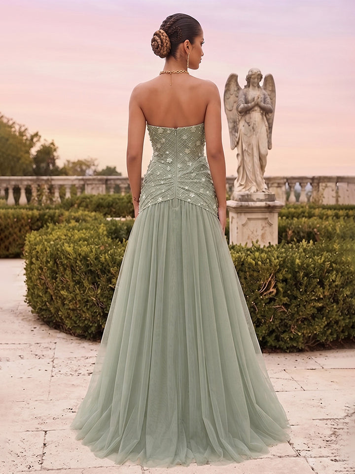Trumpet/Mermaid Strapless Sleeveless Floor-Length Evening Dresses with Applique &amp; Lace