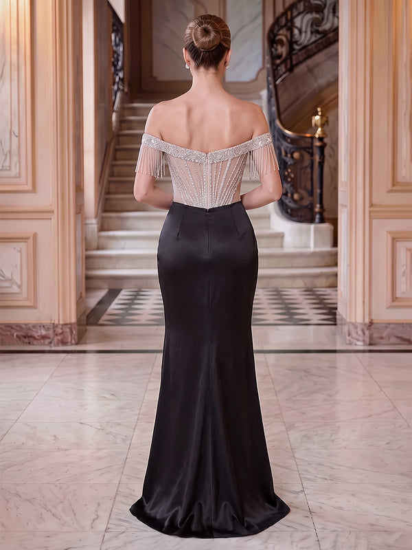 Trumpet/Mermaid Off-the-Shoulder Floor-Length Evening Dresses with Split Side & Rhinestone