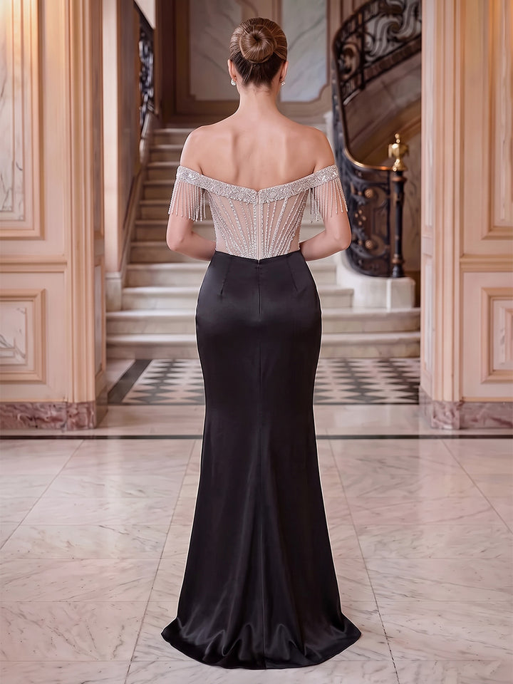 Trumpet/Mermaid Off-the-Shoulder Floor-Length Evening Dresses with Split Side &amp; Rhinestone