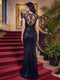 Trumpet/Mermaid V-Neck Cap Sleeves Floor-Length Evening Dresses With Sequins