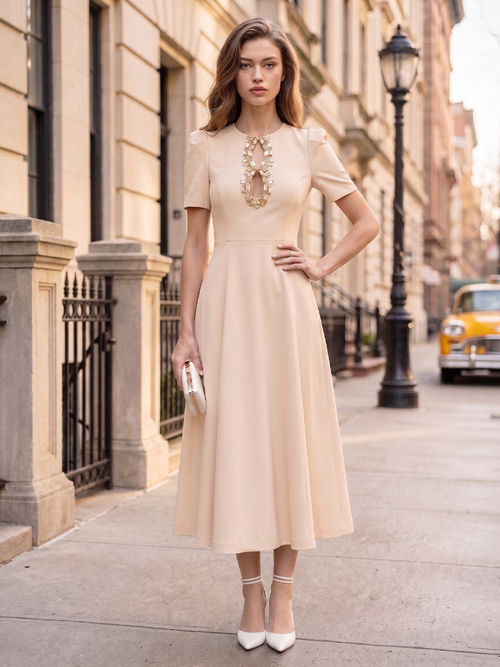 A-Line/Princess Scoop Short Sleeves Tea-Length Cocktail Dresses With Keyhole &amp; Rhinestone