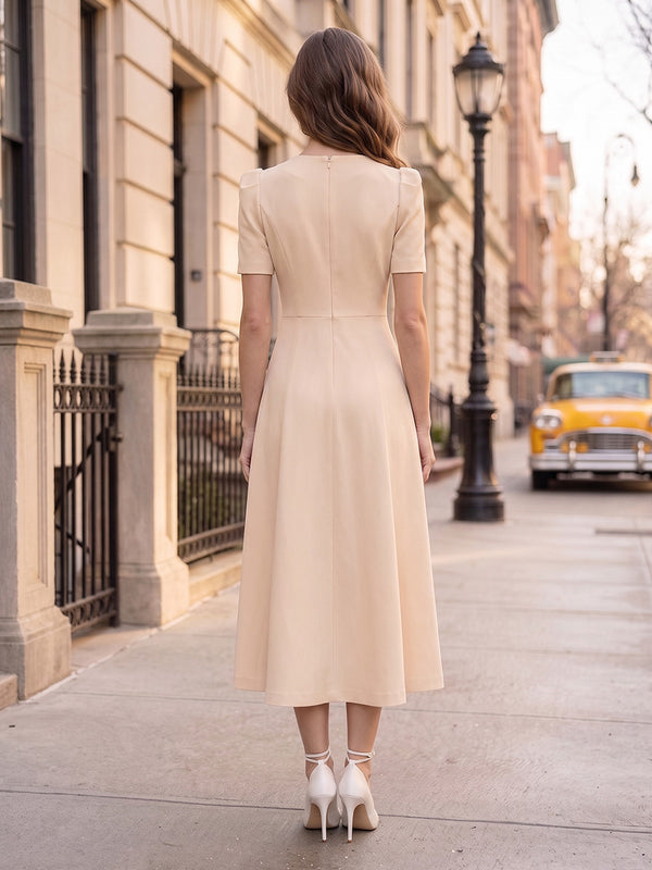A-Line/Princess Scoop Short Sleeves Tea-Length Cocktail Dresses With Keyhole & Rhinestone