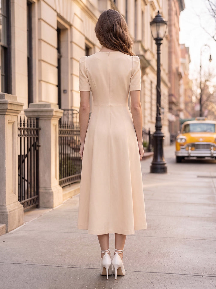 A-Line/Princess Scoop Short Sleeves Tea-Length Cocktail Dresses With Keyhole &amp; Rhinestone