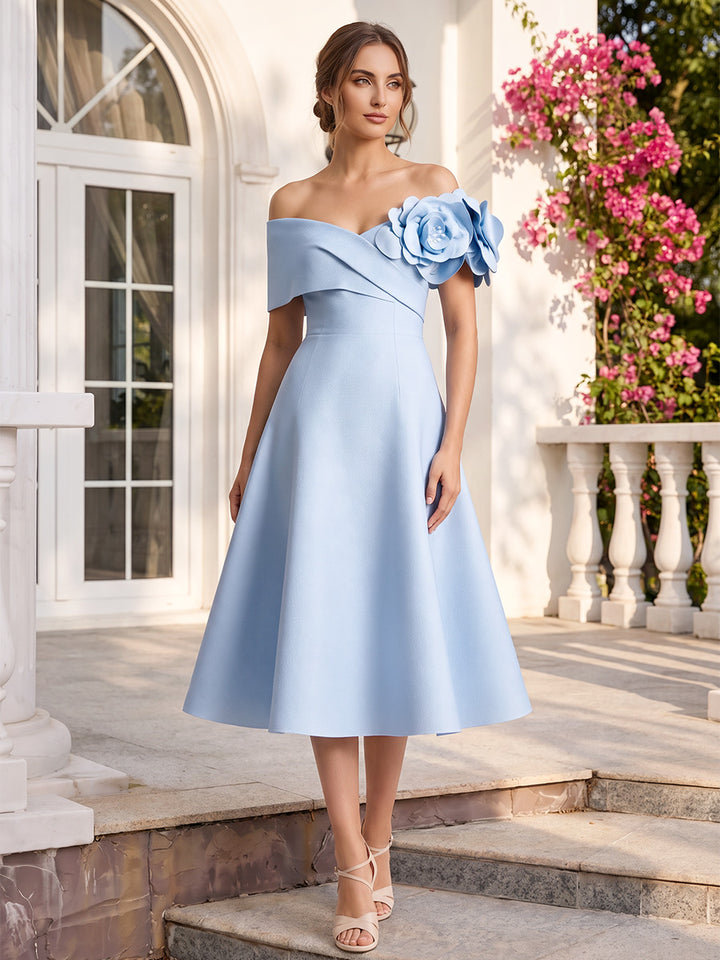 A-Line/Princess Off-the-Shoulder Sleeveless Tea-Length Cocktail Dresses With 3D Floral