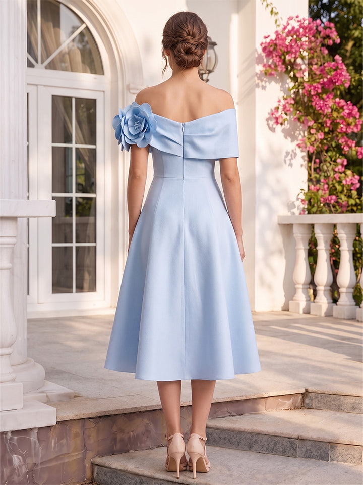 A-Line/Princess Off-the-Shoulder Sleeveless Tea-Length Cocktail Dresses With 3D Floral