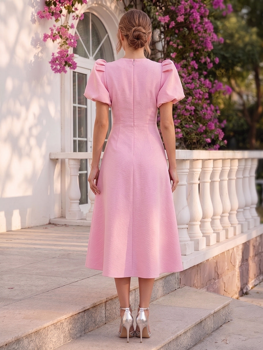 A-Line/Princess Scoop Short Sleeves Tea-Length Cocktail Dresses With Bowknot
