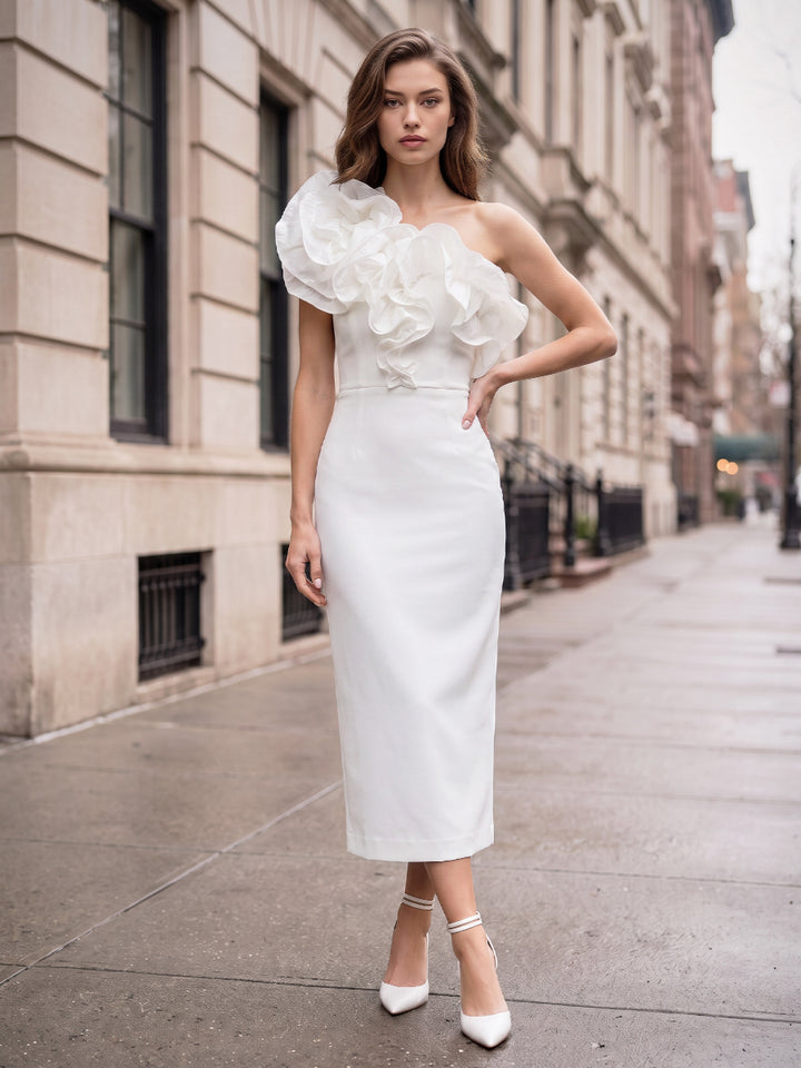 Sheath/Column Sleeveless One-Shoulder Ankle-Length Cocktail Dresses With Ruffles