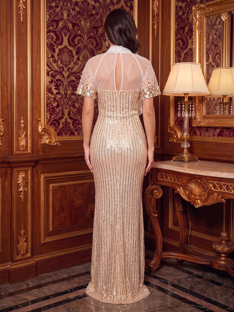 Sheath/Column High Neck Short Sleeves Floor-Length Evening Dresses with Bowknot &amp; Sequins