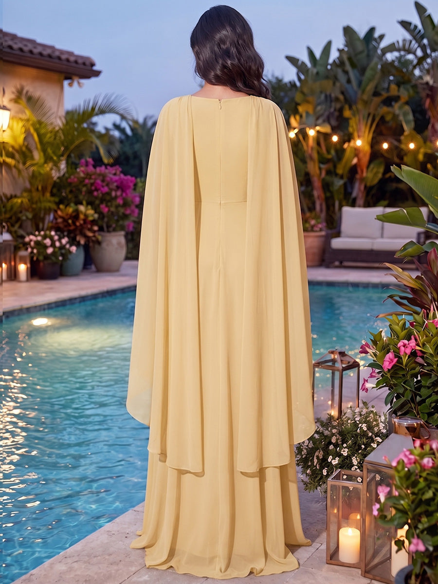 A-Line/Princess V-Neck Half Sleeves Chiffon Floor-Length Evening Dresses with Belt