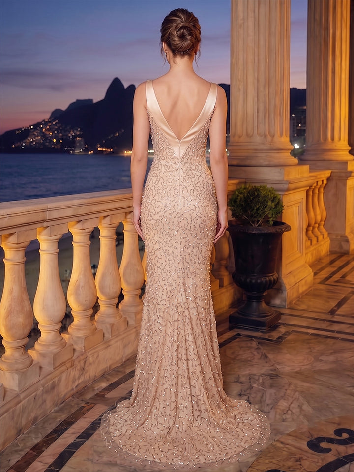 Trumpet/Mermaid V-Neck Sleeveless Sweep Train Evening Dresses With Sequins &amp; Beading