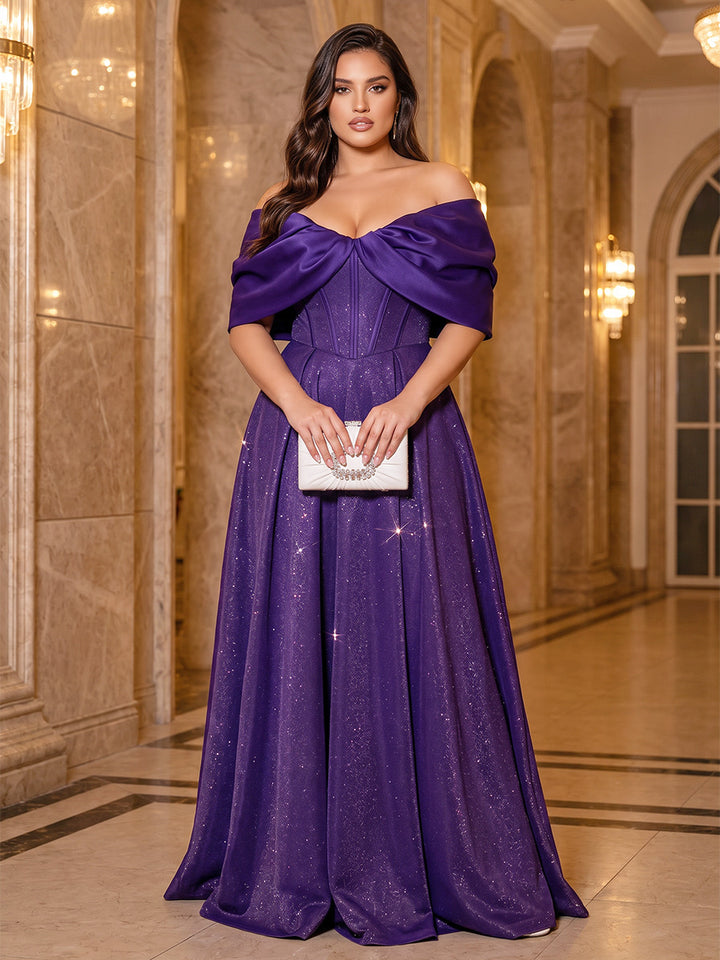 A-Line/Princess Off-the-Shoulder Short Sleeves Sequin Floor-Length Plus Size Evening Dresses with Sequins