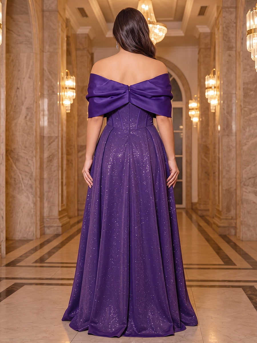 A-Line/Princess Off-the-Shoulder Short Sleeves Sequin Floor-Length Plus Size Evening Dresses with Sequins