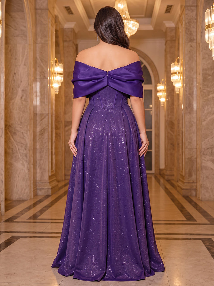 A-Line/Princess Off-the-Shoulder Short Sleeves Sequin Floor-Length Plus Size Evening Dresses with Sequins