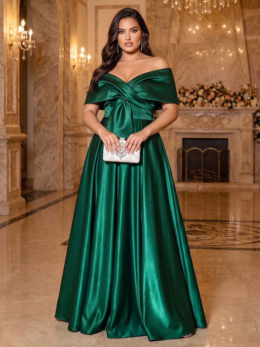 A-Line/Princess Off-the-Shoulder Short Sleeves Satin Floor-Length Plus Size Evening Dresses with 3D Flower &amp; Sequins