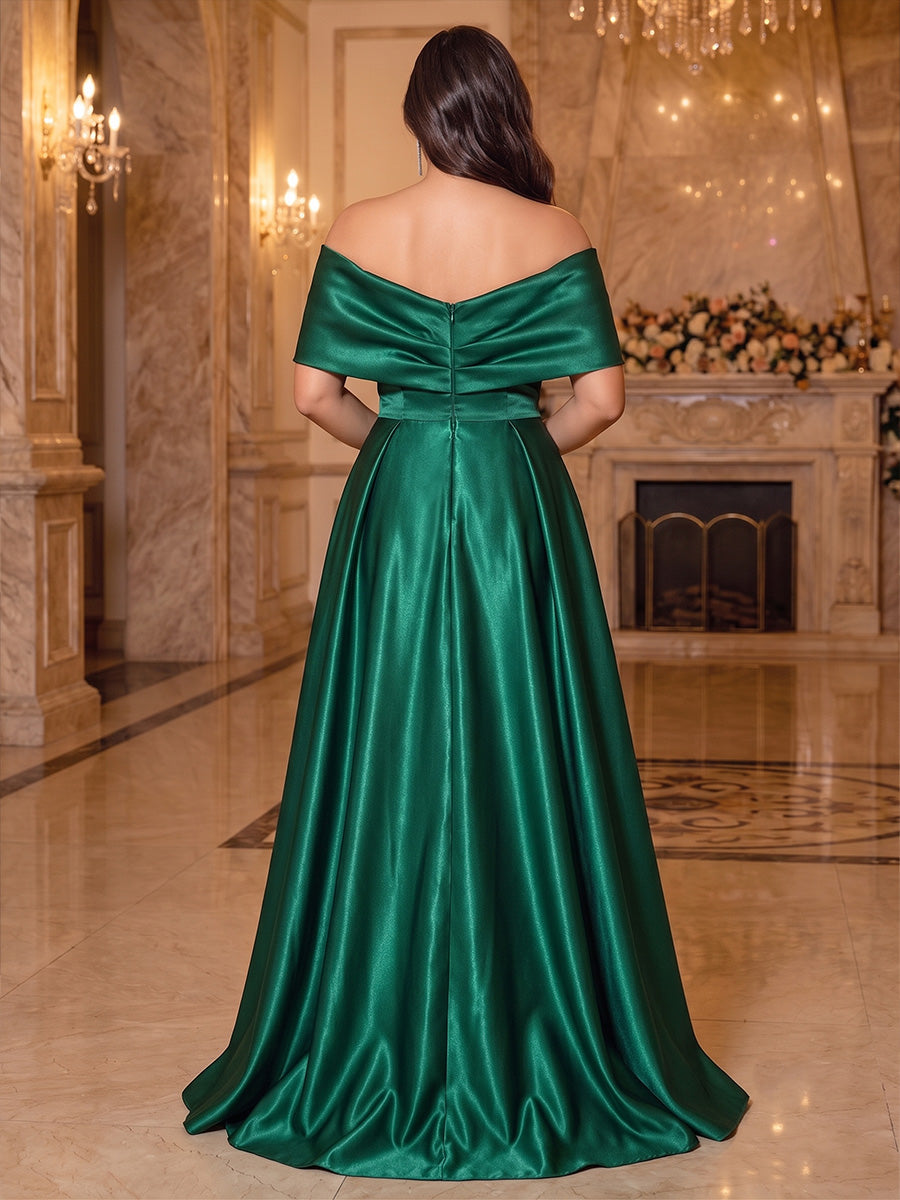 A-Line/Princess Off-the-Shoulder Short Sleeves Satin Floor-Length Plus Size Evening Dresses with 3D Flower &amp; Sequins