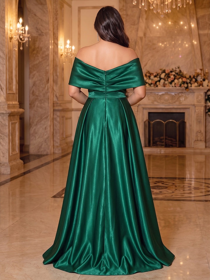 A-Line/Princess Off-the-Shoulder Short Sleeves Satin Floor-Length Plus Size Evening Dresses with 3D Flower &amp; Sequins