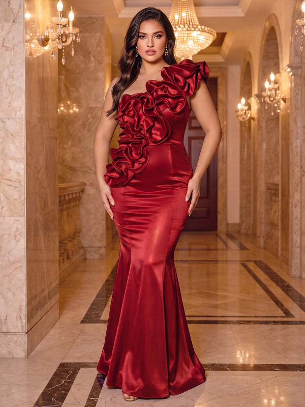 Trumpet/Mermaid One-Shoulder Sleeveless Satin Floor-Length Plus Size Evening Dresses with 3D Flower