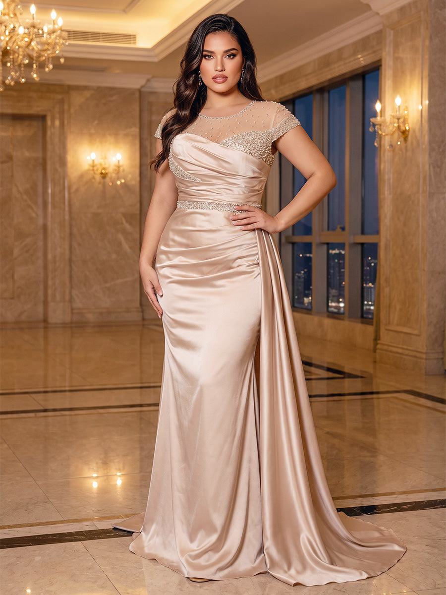 Sheath/Column Crew Neck Short Sleeves Satin Sweep Train/Brush Train Plus Size Evening Dresses with Beading