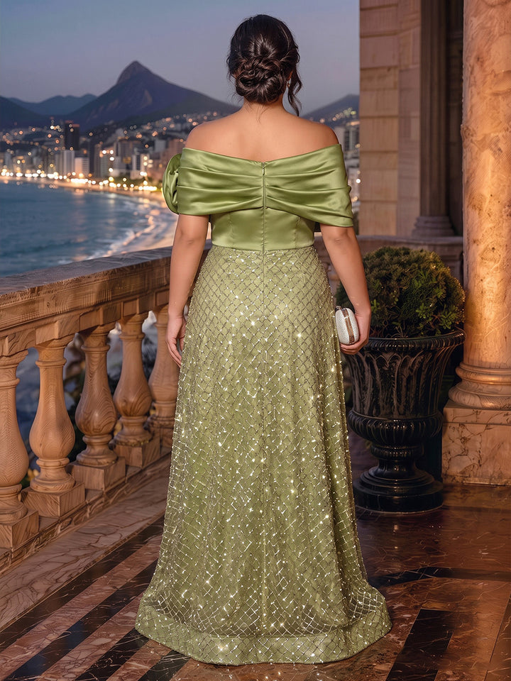 A-Line/Princess Off-the-Shoulder Sleeveless Satin Floor-Length Plus Size Evening Dresses with Sequins &amp; Watteau Train
