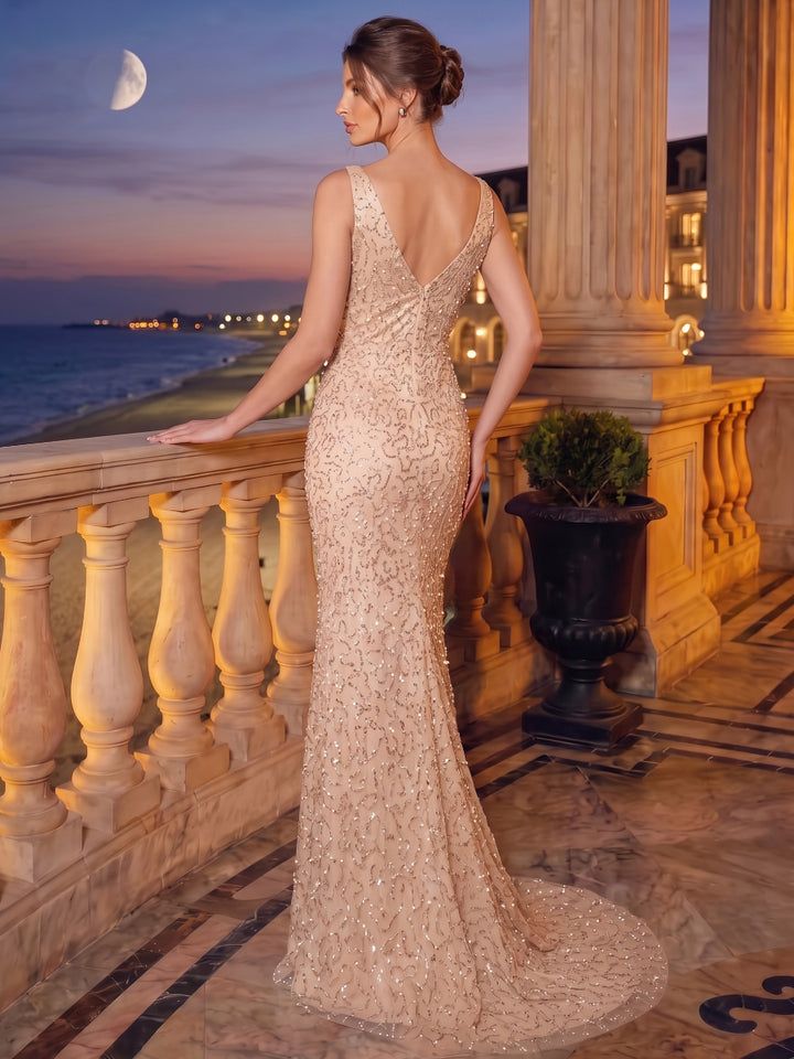 Trumpet/Mermaid V-Neck Sleeveless Sweep Train Evening Dresses With Sequins &amp; Beading