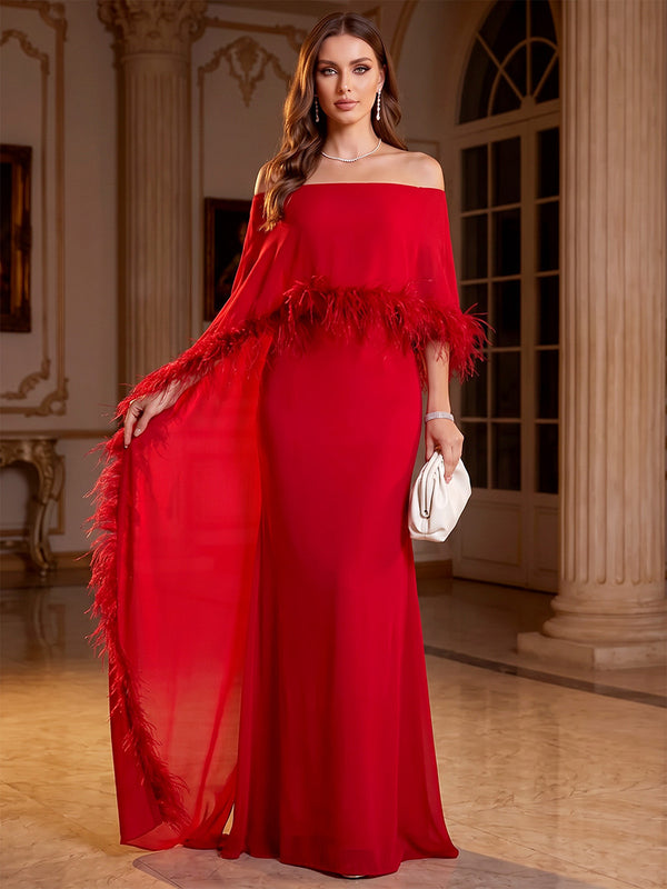Sheath/Column Off-the-Shoulder Half Sleeves Chiffon Floor-Length Evening Dresses with Feather