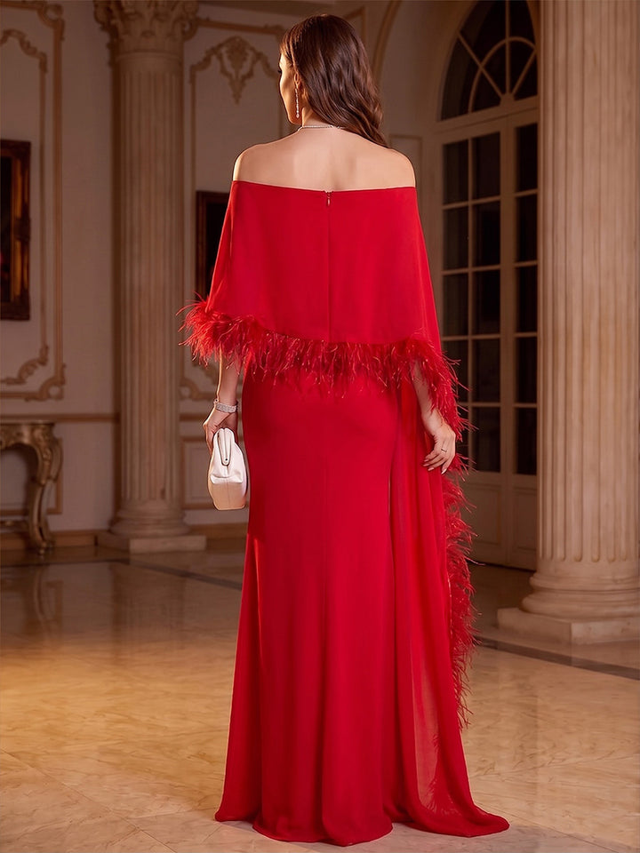 Sheath/Column Off-the-Shoulder Half Sleeves Chiffon Floor-Length Evening Dresses with Feather