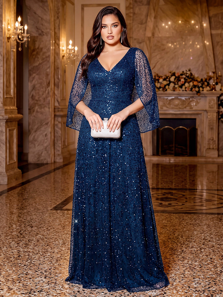 A-Line/Princess V-Neck Half Sleeves Sequin Floor-Length Plus Size Evening Dresses with Sequins