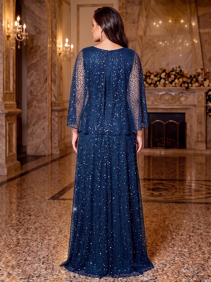 A-Line/Princess V-Neck Half Sleeves Sequin Floor-Length Plus Size Evening Dresses with Sequins