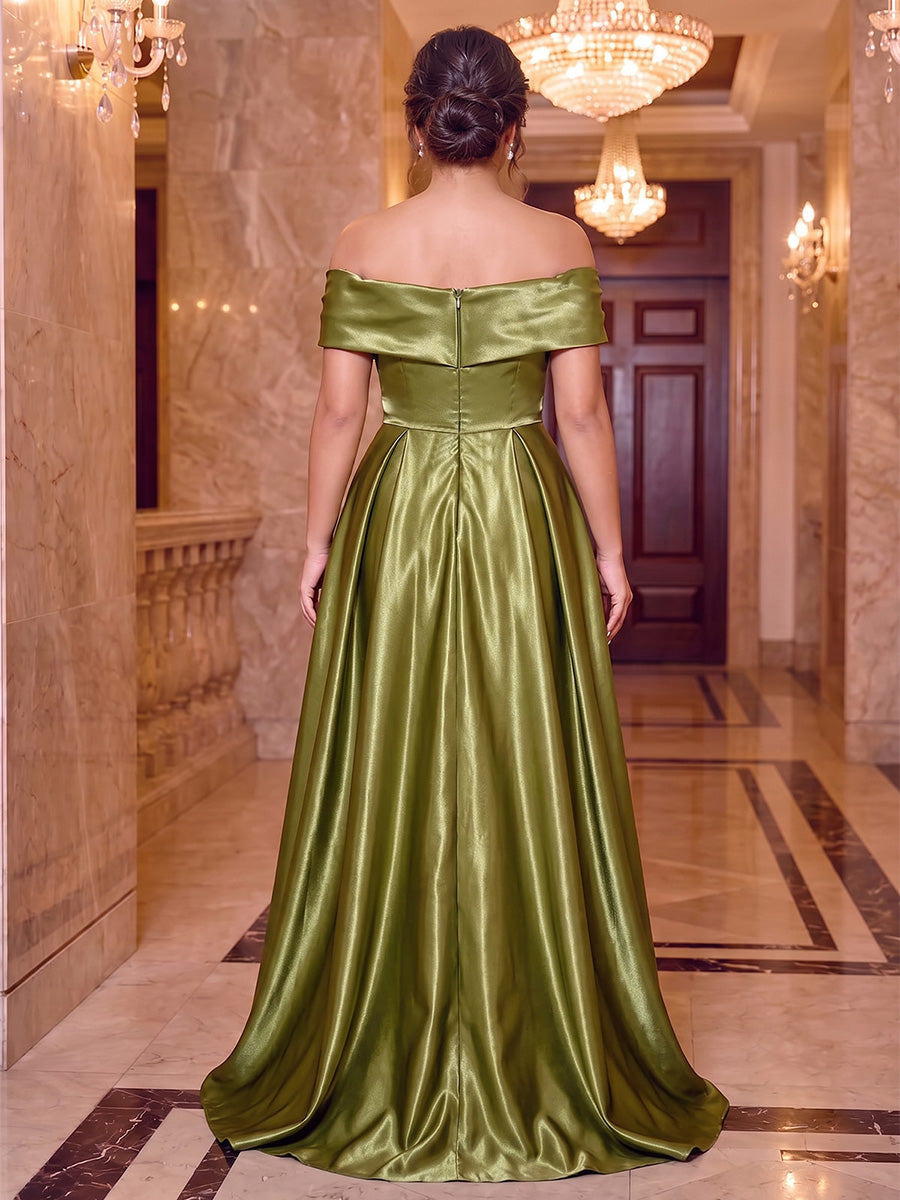 A-Line/Princess Off-the-Shoulder Sleeveless Silk Satin Floor-Length Plus Size Evening Dresses with Ruched