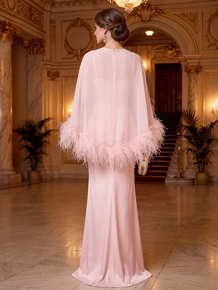 Sheath/Column Scoop Sleeveless Satin Floor-Length Evening Dresses with Feather