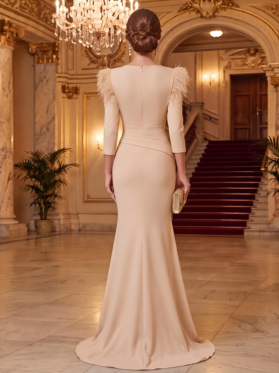 Trumpet/Mermaid V-Neck 3/4 Sleeves Dense Stretch Satin Floor-Length Evening Dresses with Feather