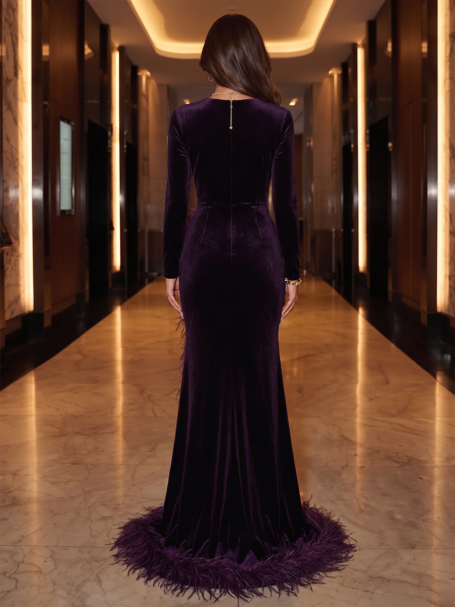 Sheath/Column Scoop Long Sleeves Velvet Sweep Train/Brush Train Evening Dresses with Feather &amp; Split Side
