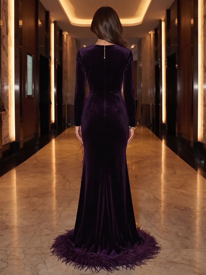 Sheath/Column Scoop Long Sleeves Velvet Sweep Train/Brush Train Evening Dresses with Feather &amp; Split Side