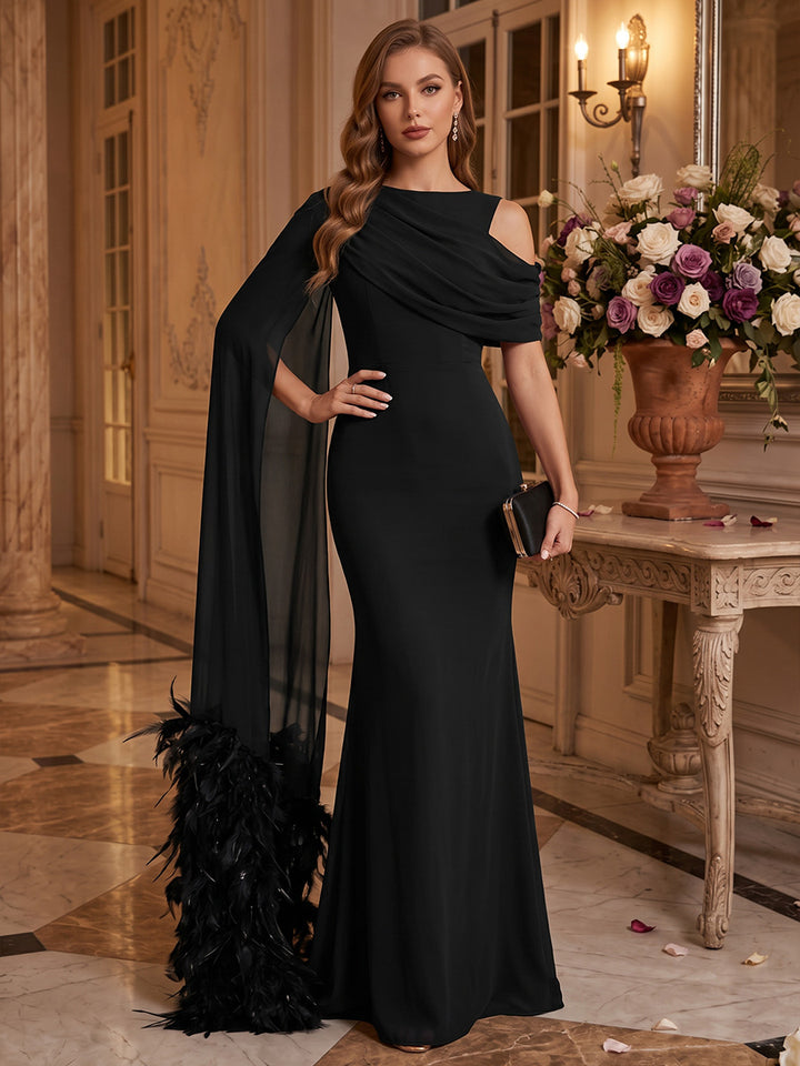 Sheath/Column Scoop Sleeveless Dense Stretch Satin Floor-Length Evening Dresses with Feather &amp; Watteau Train