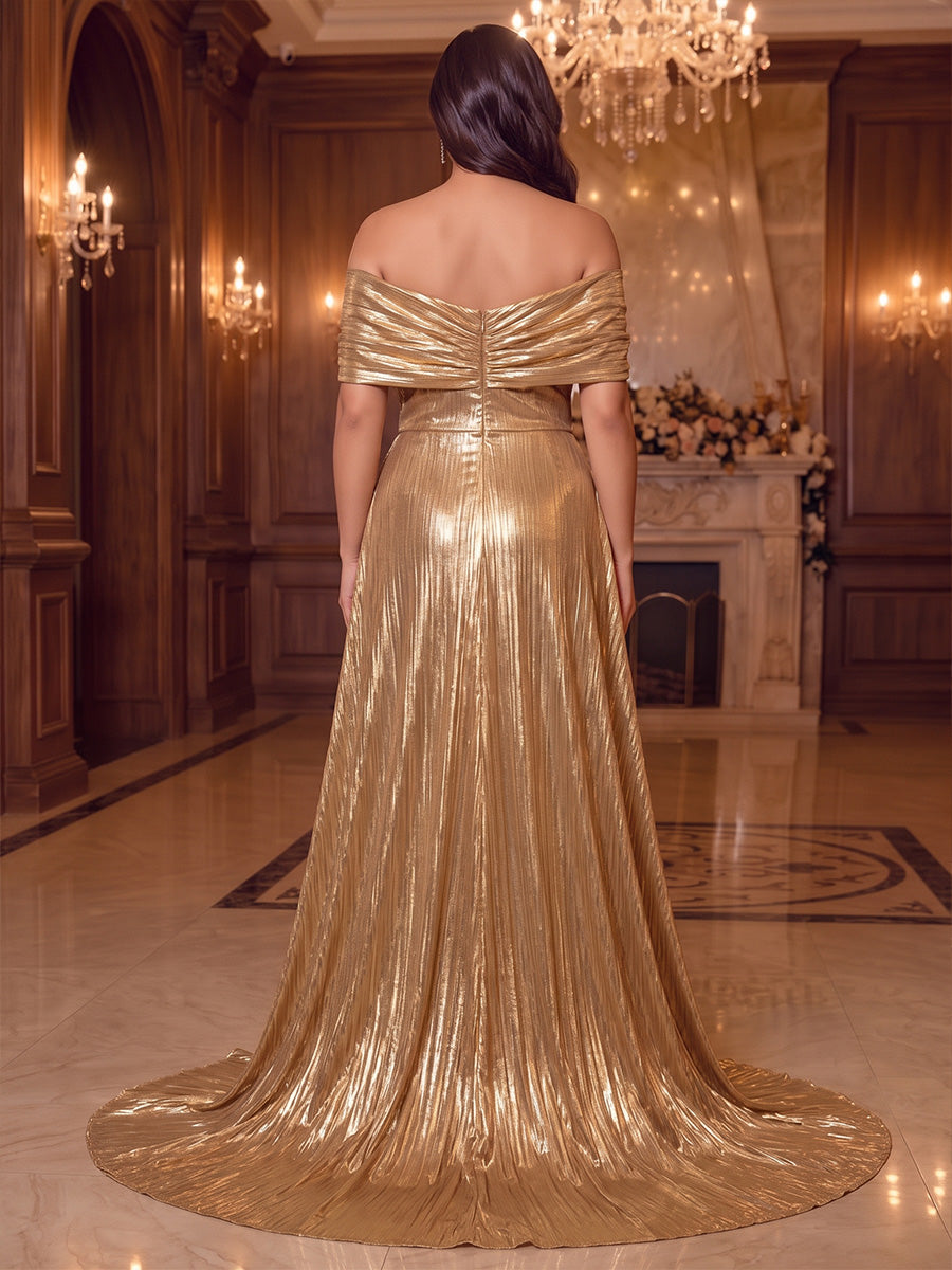 A-Line/Princess Off-the-Shoulder Short Sleeves Metallic Sweep Train/Brush Train Plus Size Evening Dresses with Overskirt