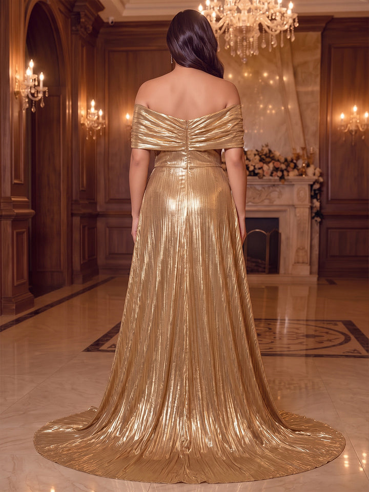 A-Line/Princess Off-the-Shoulder Short Sleeves Metallic Sweep Train/Brush Train Plus Size Evening Dresses with Overskirt