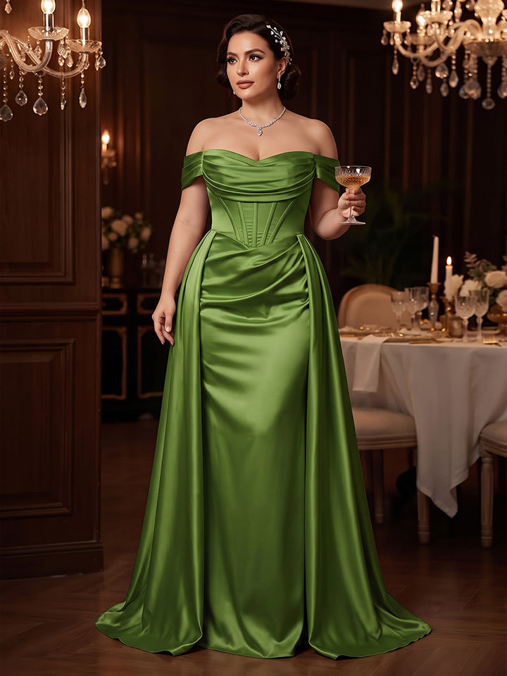 A-Line/Princess Off-the-Shoulder Sleeveless Satin Sweep Train/Brush Train Plus Size Evening Dresses with Overskirt