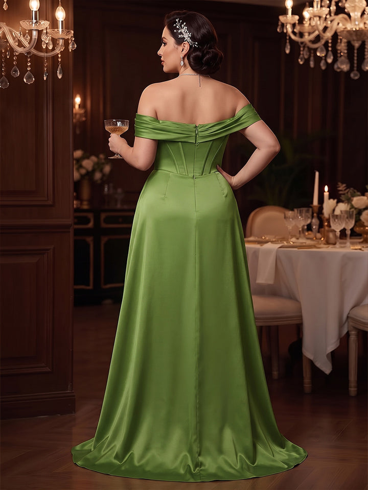 A-Line/Princess Off-the-Shoulder Sleeveless Satin Sweep Train/Brush Train Plus Size Evening Dresses with Overskirt