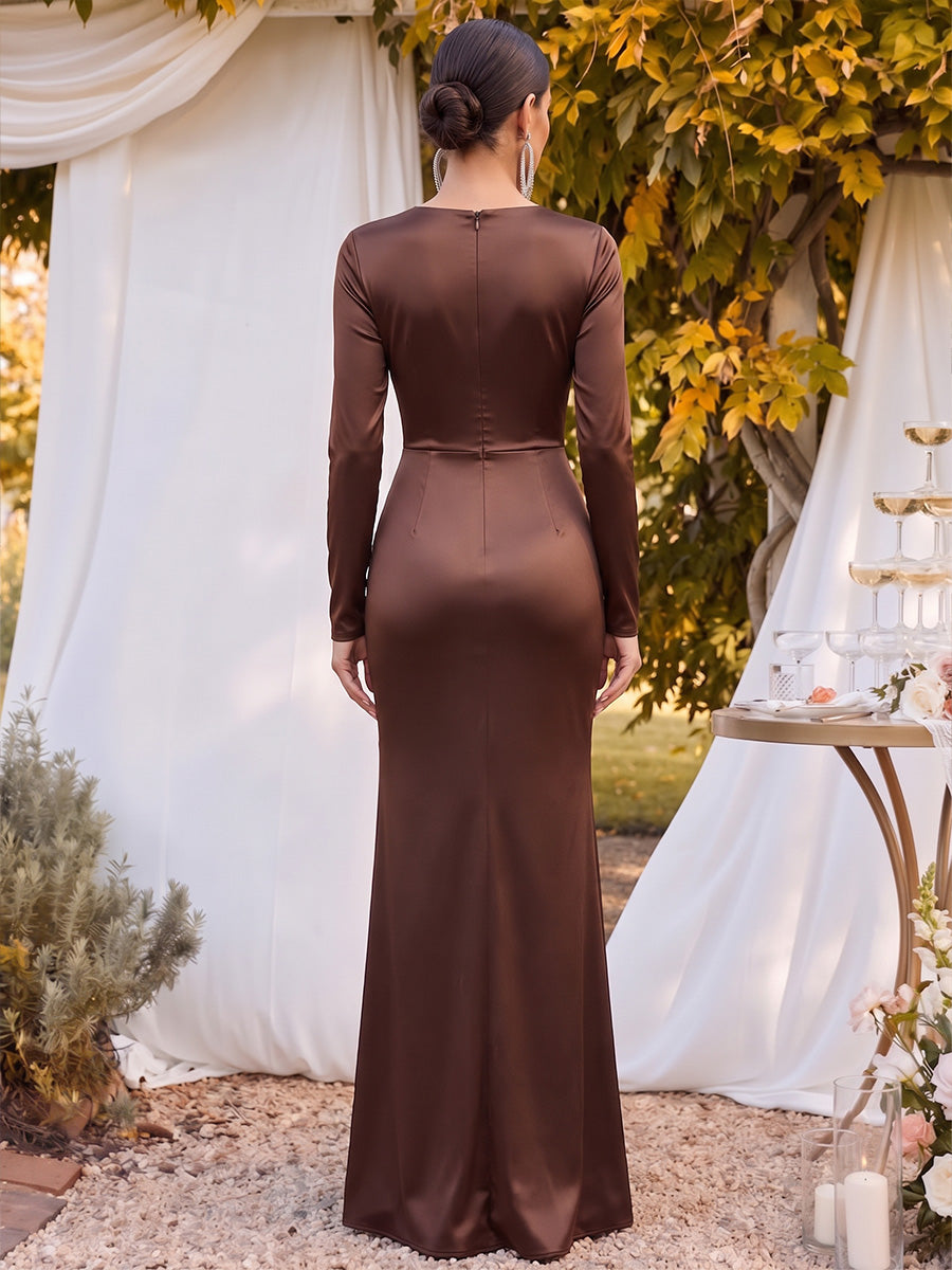 Sheath/Column Scoop Long Sleeves  Floor-Length Mother of the Bride Dresses with Split Side &amp; Ruched