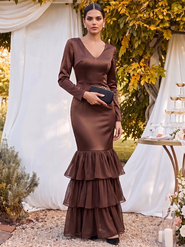 Trumpet/Mermaid V-Neck Long Sleeves  Floor-Length Mother of the Bride Dresses with Ruffles & Tiered