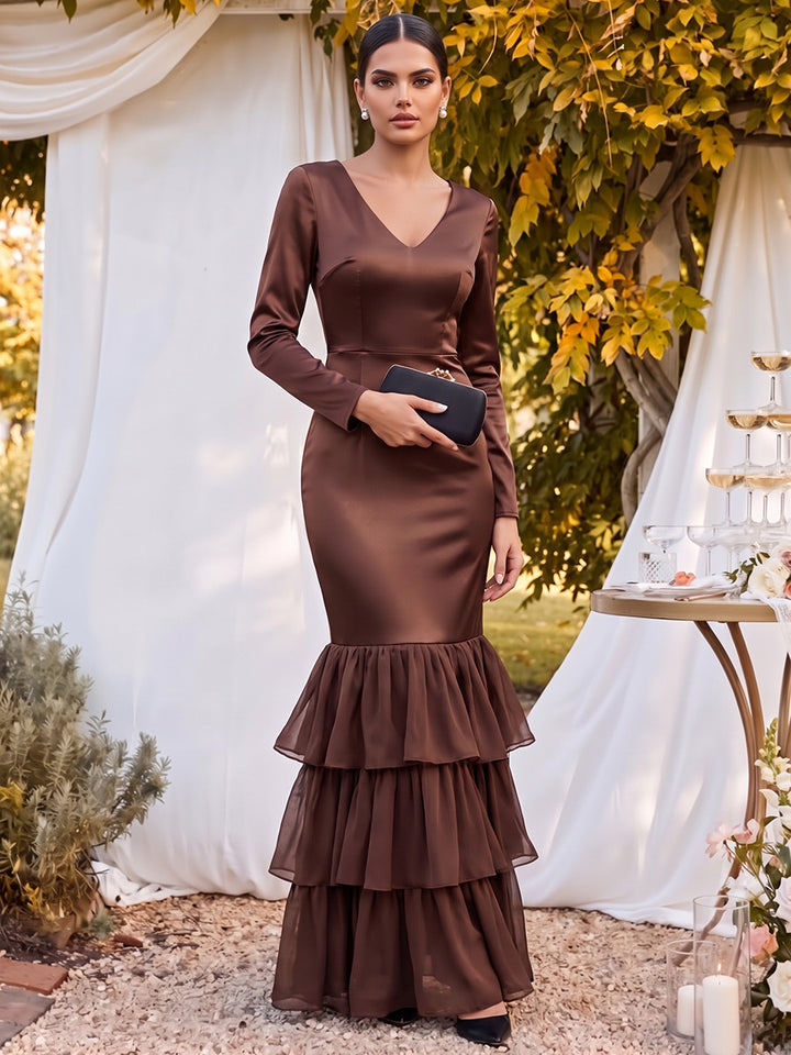 Trumpet/Mermaid V-Neck Long Sleeves  Floor-Length Mother of the Bride Dresses with Ruffles &amp; Tiered