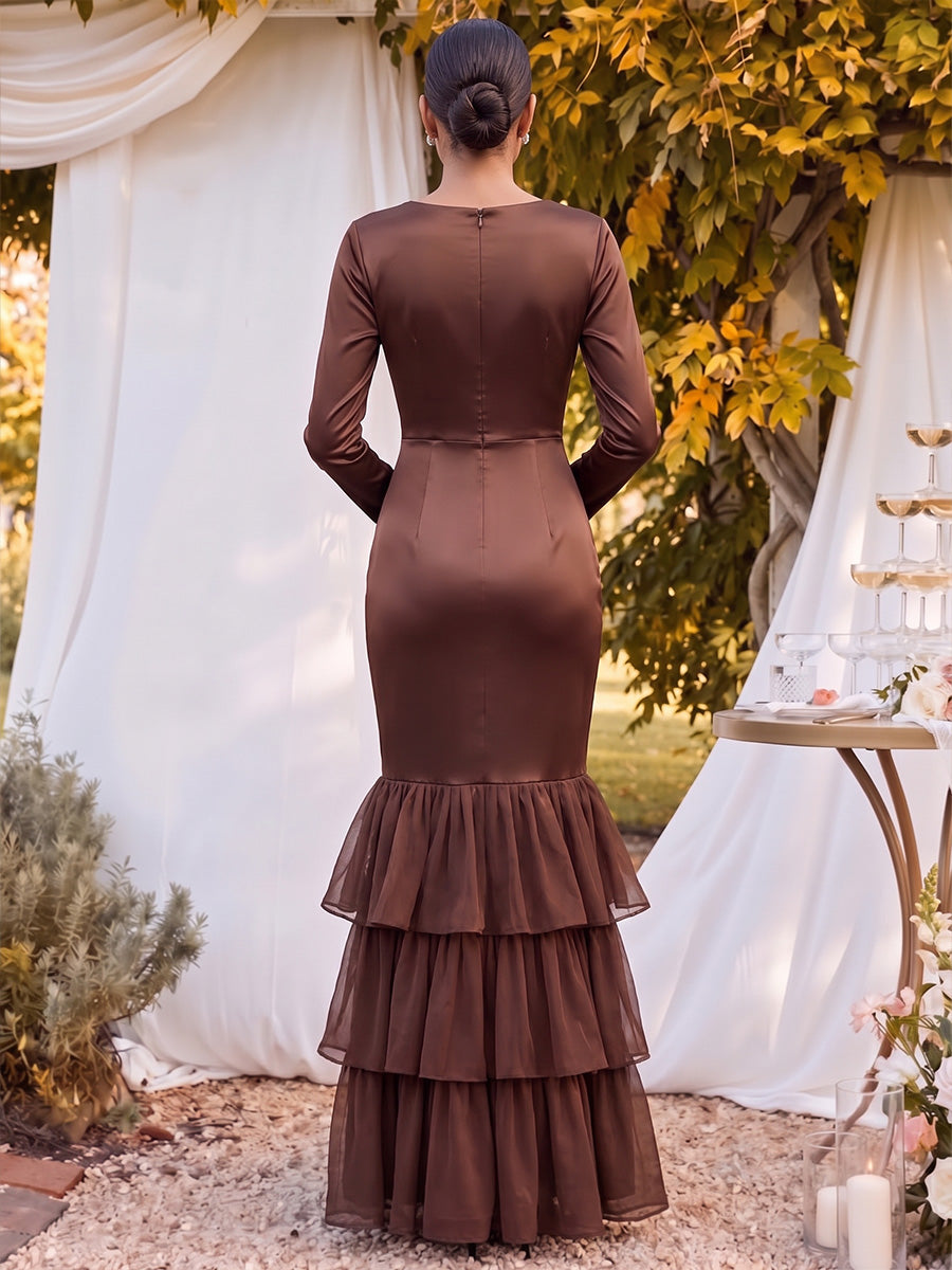 Trumpet/Mermaid V-Neck Long Sleeves  Floor-Length Mother of the Bride Dresses with Ruffles &amp; Tiered