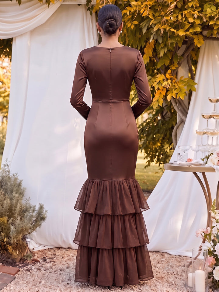 Trumpet/Mermaid V-Neck Long Sleeves  Floor-Length Mother of the Bride Dresses with Ruffles &amp; Tiered