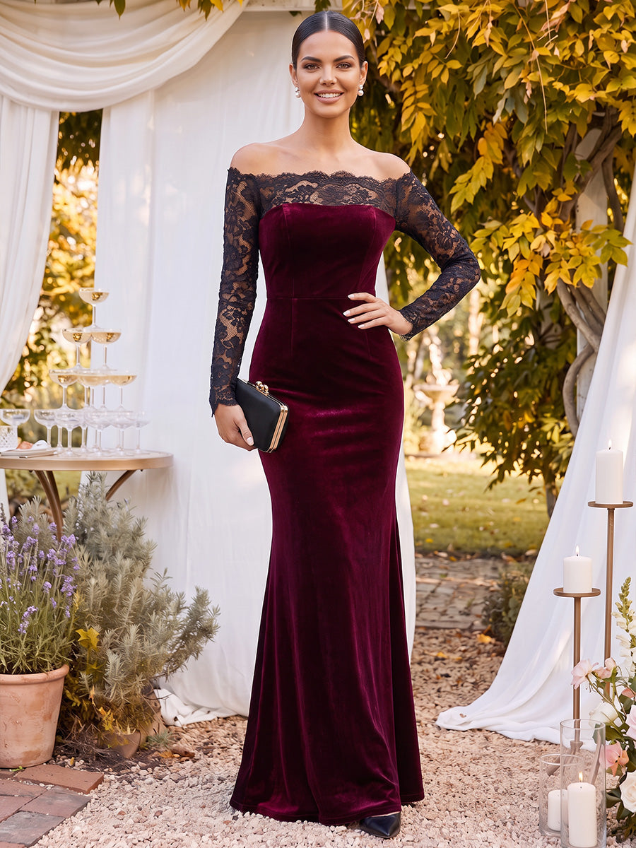 Trumpet/Mermaid Off-the-Shoulder Long Sleeves Velvet Floor-Length Mother of the Bride Dresses with Lace